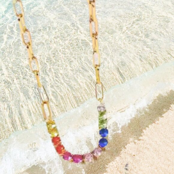 Rainbow Paper Clip Lab-Created Multi-Gemstone Tennis Necklace 18K Gold Plated - Picture 3 of 4